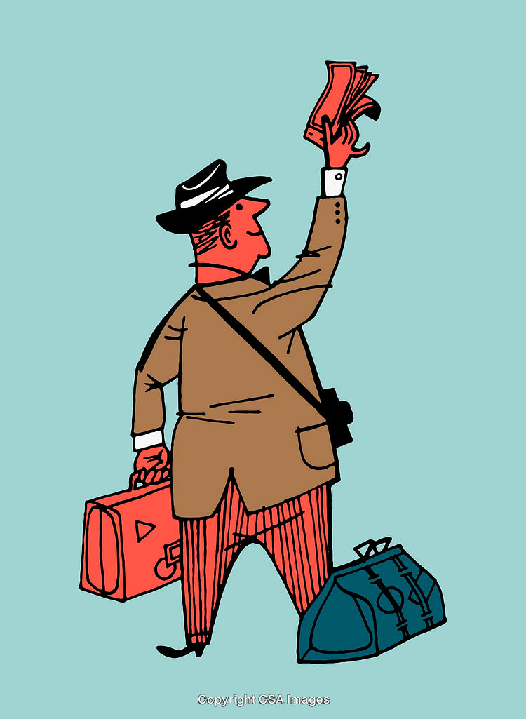Illustration of a Traveler Holding Money With Suitcases