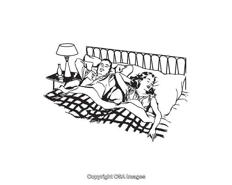 Retro Style Black and White Illustration of Couple Relaxing in Bed