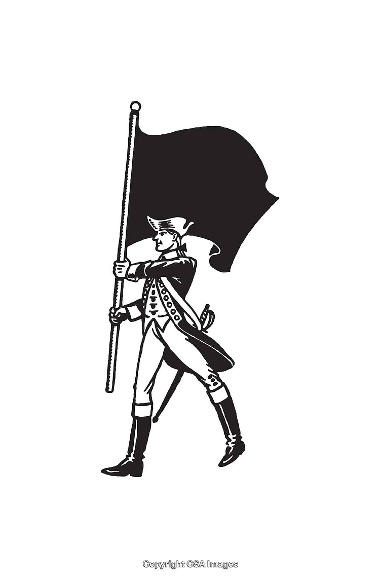 Vintage Line Art of Revolutionary War-Era Soldier Holding a Flag