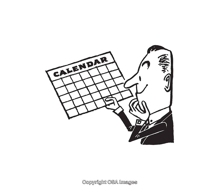 Black and White Illustration of Man Holding a Calendar and Thinking