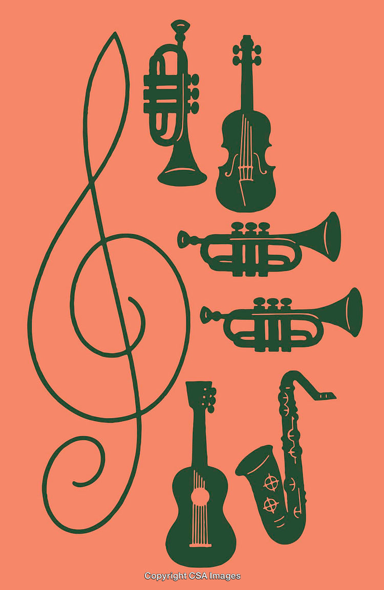 Color Line Art of Musical Instruments and Treble Clef Symbol on Orange