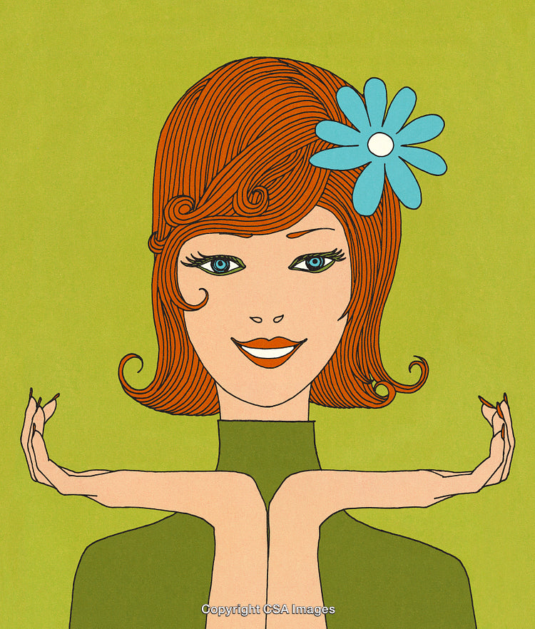 Retro Illustration of a Smiling Woman with a Flower Accent in Her Hair