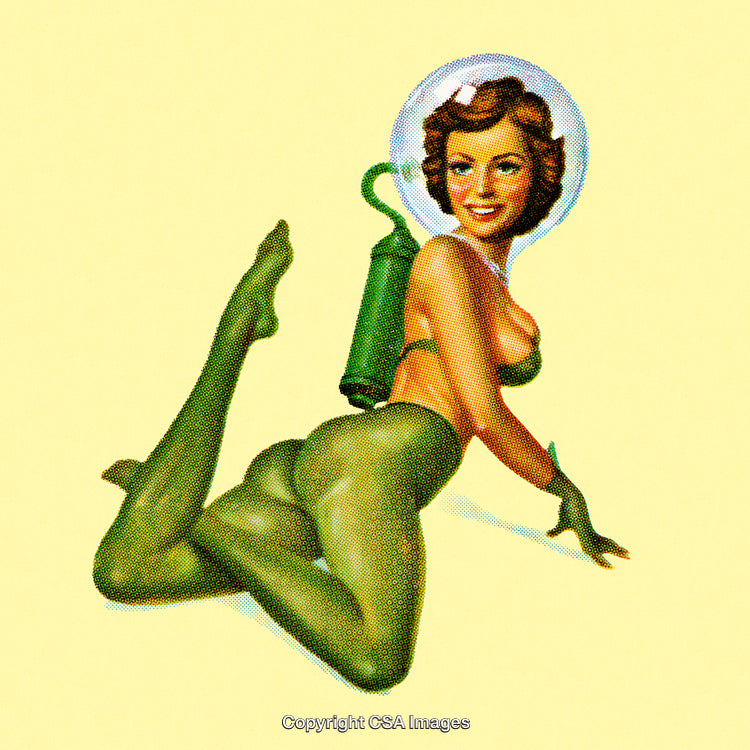 Retro 1950s-Inspired Artwork of Space-Themed Pin-Up in Stylish Green Attire
