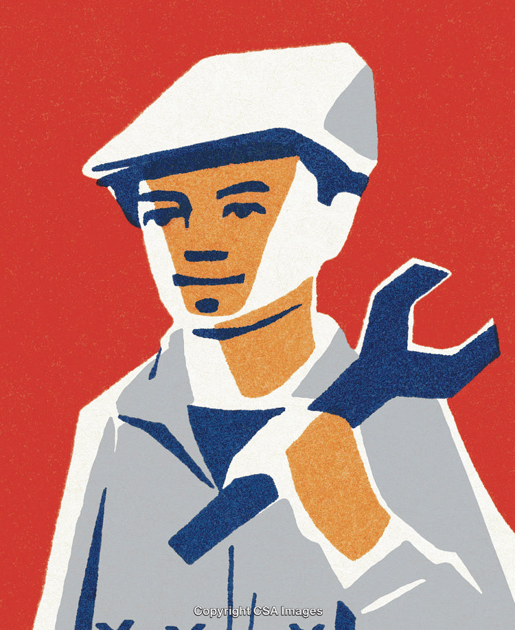 Stylized Illustration of a Worker holding a Wrench on Red Background