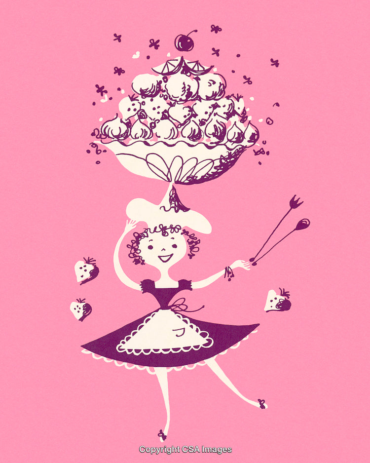 Whimsical Chef Balancing Dessert Treats with Pink and Playful Design
