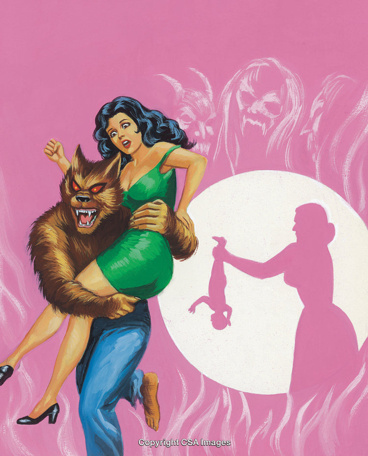 Retro Illustration Featuring Monster and Woman in Dramatic Adventure Scene