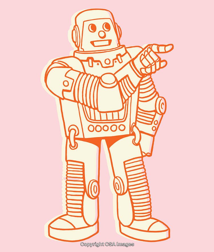 Retro Style Robot Character in Orange Line Art on Pink Background