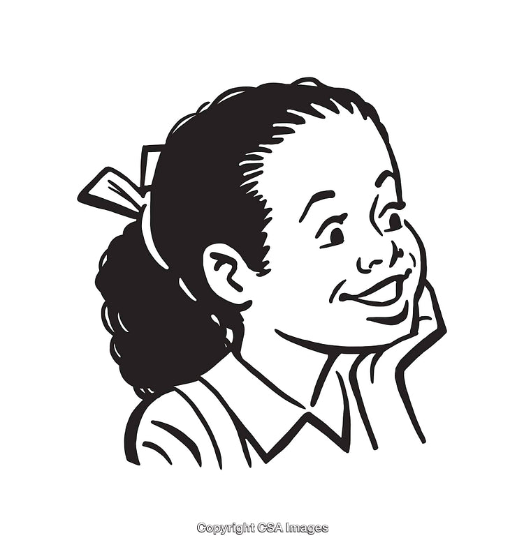 Black and White Illustration of Smiling Girl in Retro Cartoon Style