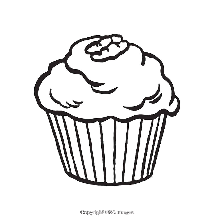 Black and White Line Art Illustration of a Cupcake with Nut Topping