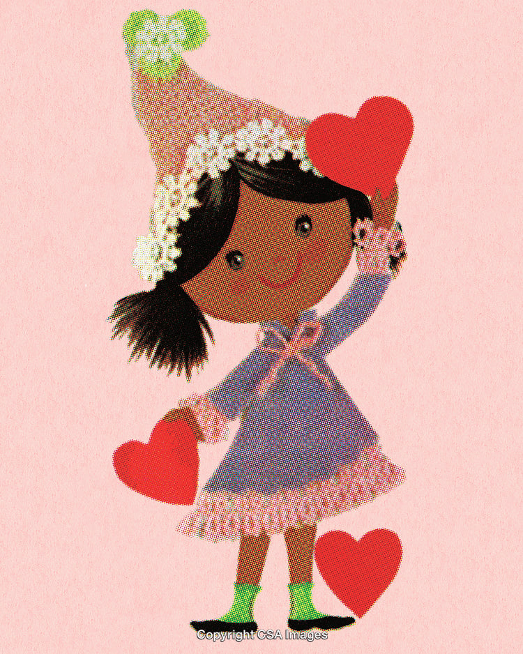 Cute Illustration of a Child Holding Red Hearts on a Pink Background