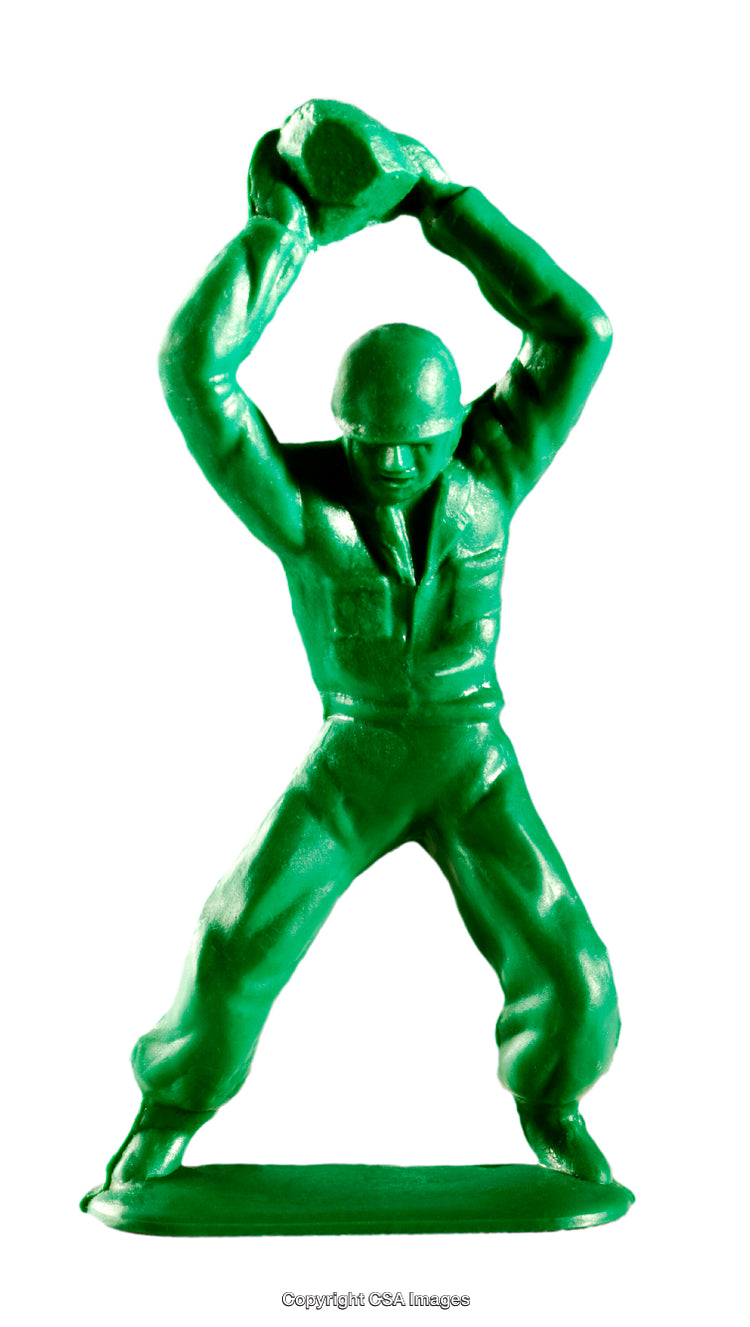 Green Plastic Toy Soldier Holding Object Above Head in Action Pose