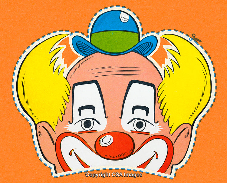 Colorful Vintage Cartoon Clown Mask Design on Bright Orange Background