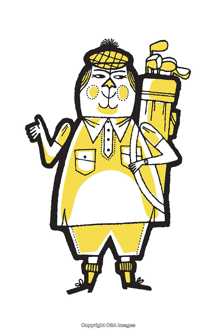 Cheerful Cartoon Character Carrying Golf Clubs in Yellow and White Attire