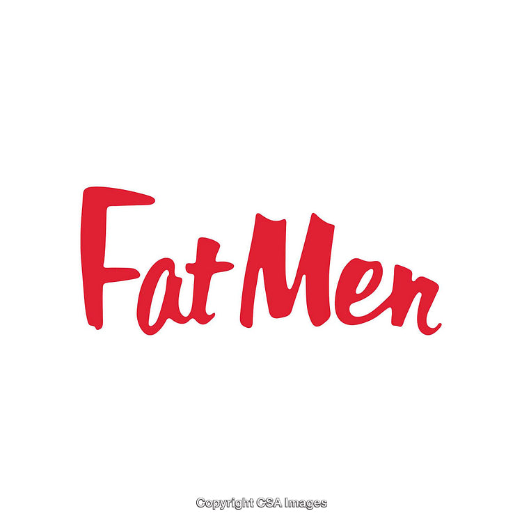 Bold Red Text Design Featuring The Words 'Fat Men' On White Background