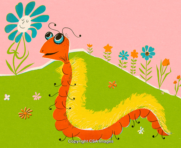 Colorful Cartoon Caterpillar with Smiling Flowers and Green Meadow