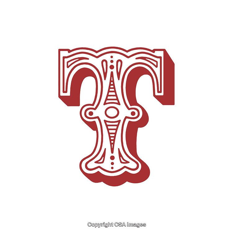 Intricate Red Decorative Letter T with Ornamental Design Elements