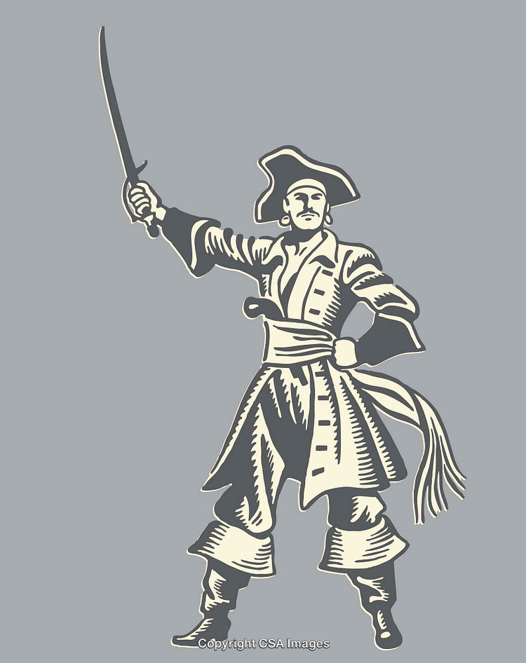 Pirate Line Art Illustration with Sword on Gray Background