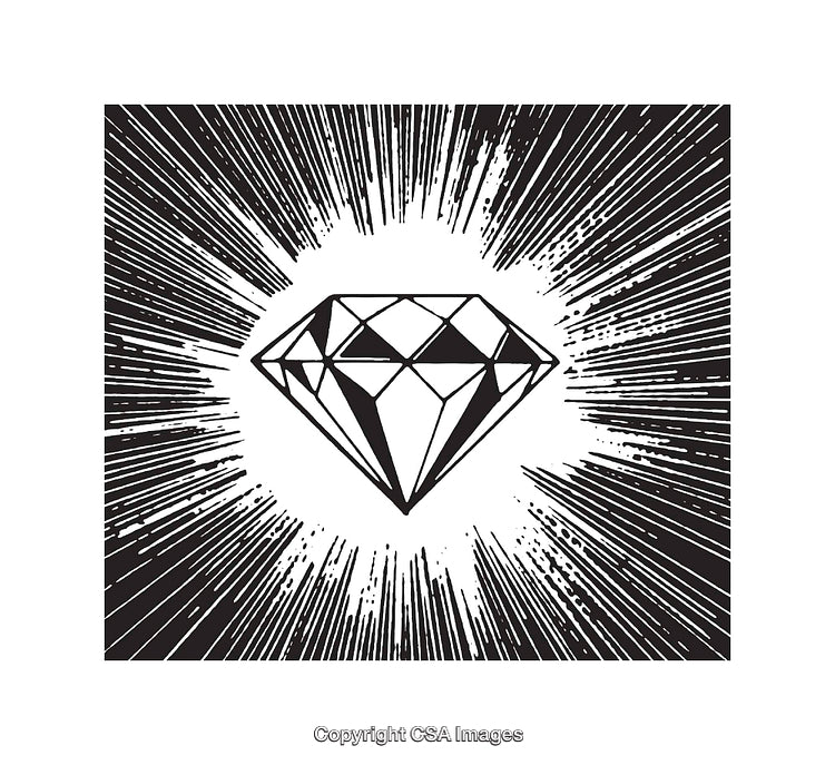 Artistic Black and White Illustration of a Radiant Diamond with Stylized Rays