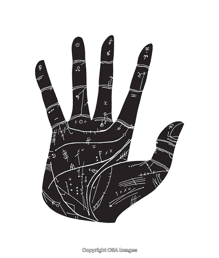 Black and White Hand Illustration with Detailed Palmistry Symbols