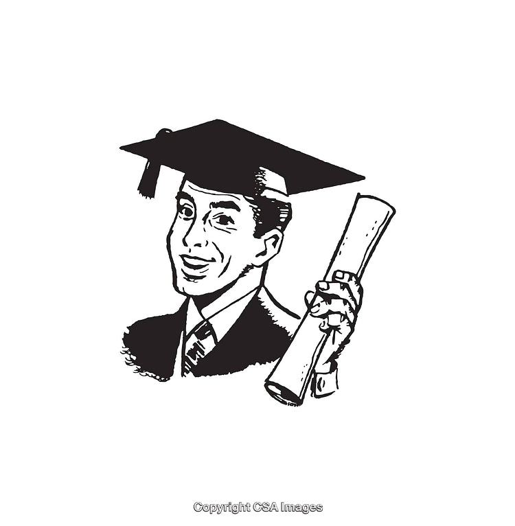 Retro Illustration of a Graduate Holding a Diploma in Black Ink