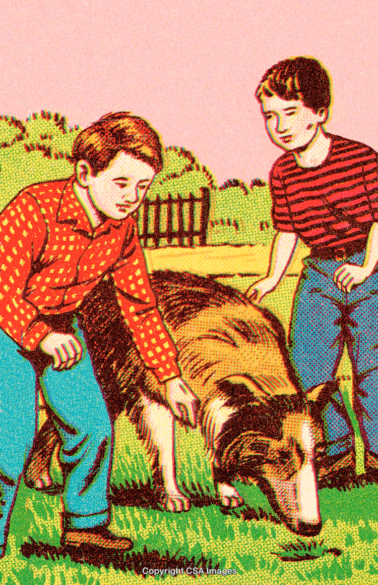 Vintage Illustration of Two Boys with Their Collie Dog Outdoors