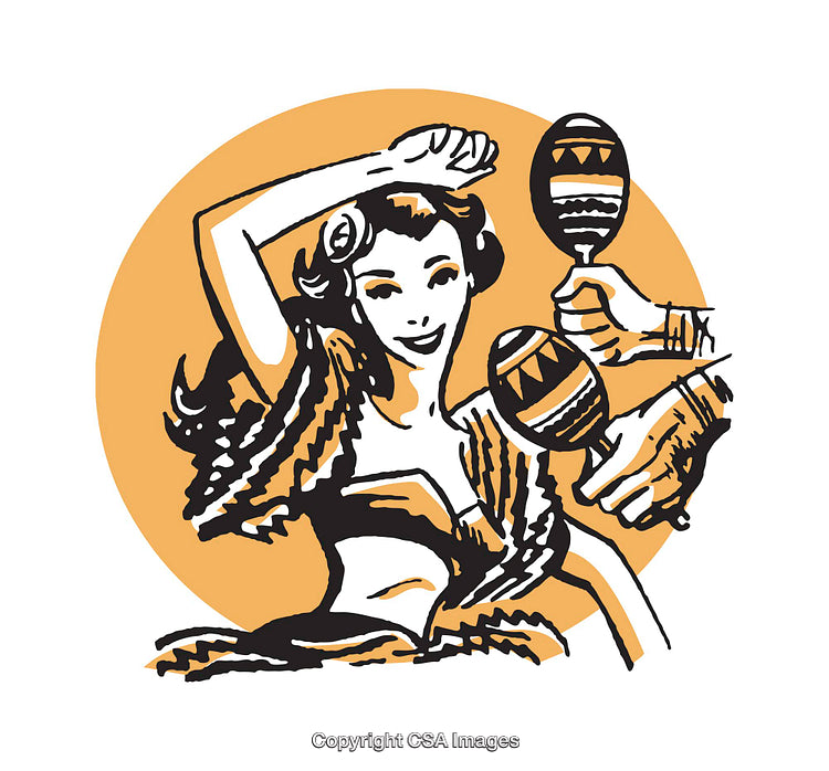 Colorful Illustration of a Dancing Woman With Maracas in a Joyful Scene