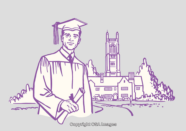 Graduation Illustration Featuring Graduate and Classic University Building