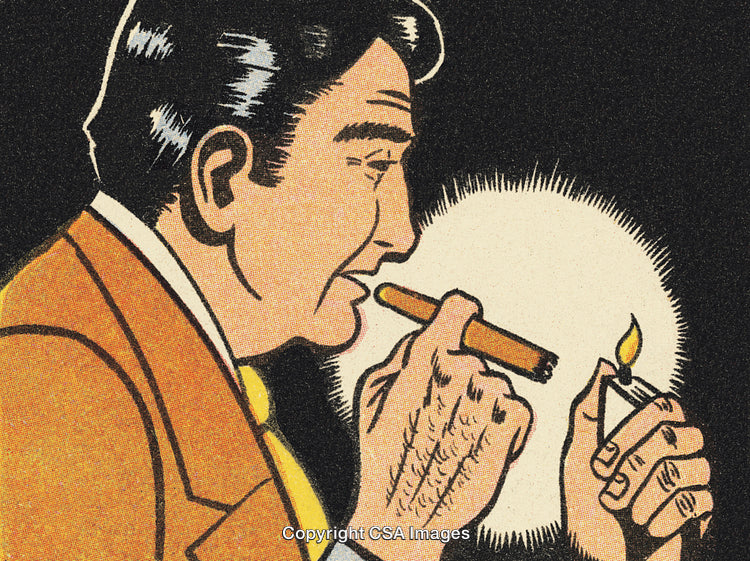 Retro Illustration of Man Lighting Cigar with Match in Classic Comic Style