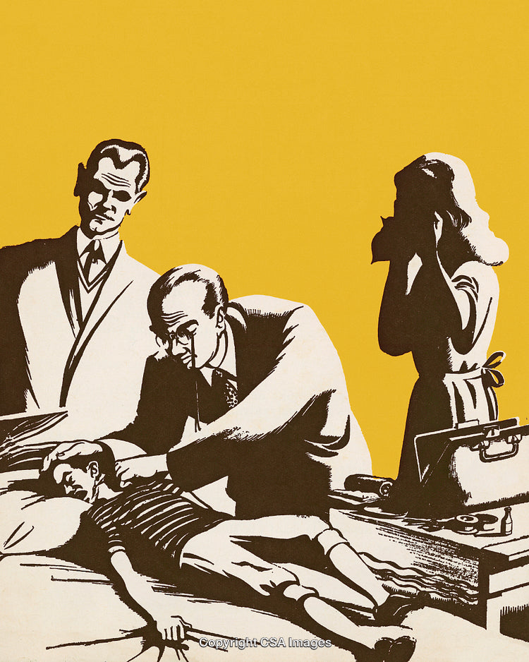 Retro Styled Scene of Doctor Examining Child Amid Emotional Family