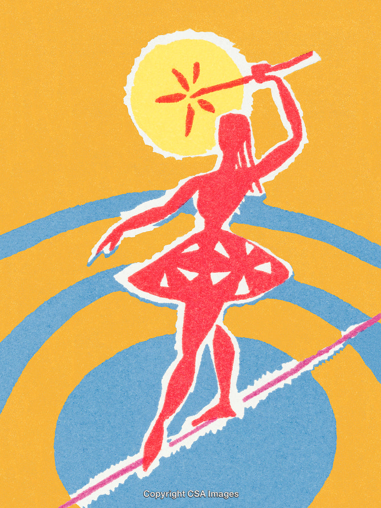 Stylized Tightrope Walker Performing With a Sunny Backdrop in Vibrant Colors