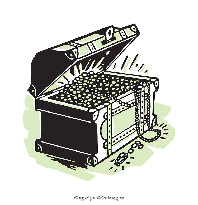 Open Treasure Chest Illustration with Glittering Gold Coins and Pearls Inside