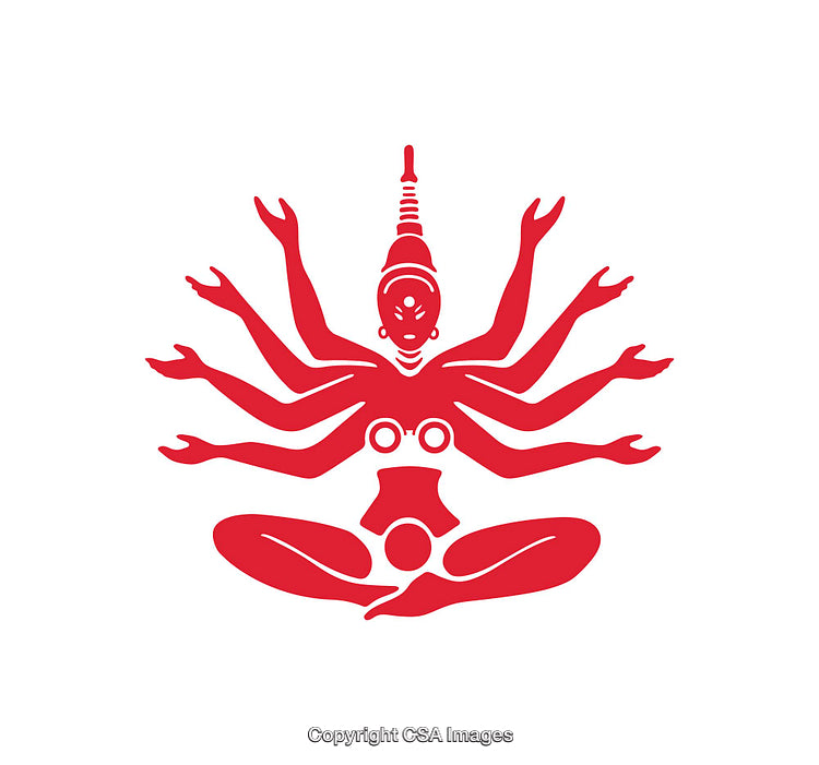 Red Icon of Woman in Meditation with Multiple Arms Symbol