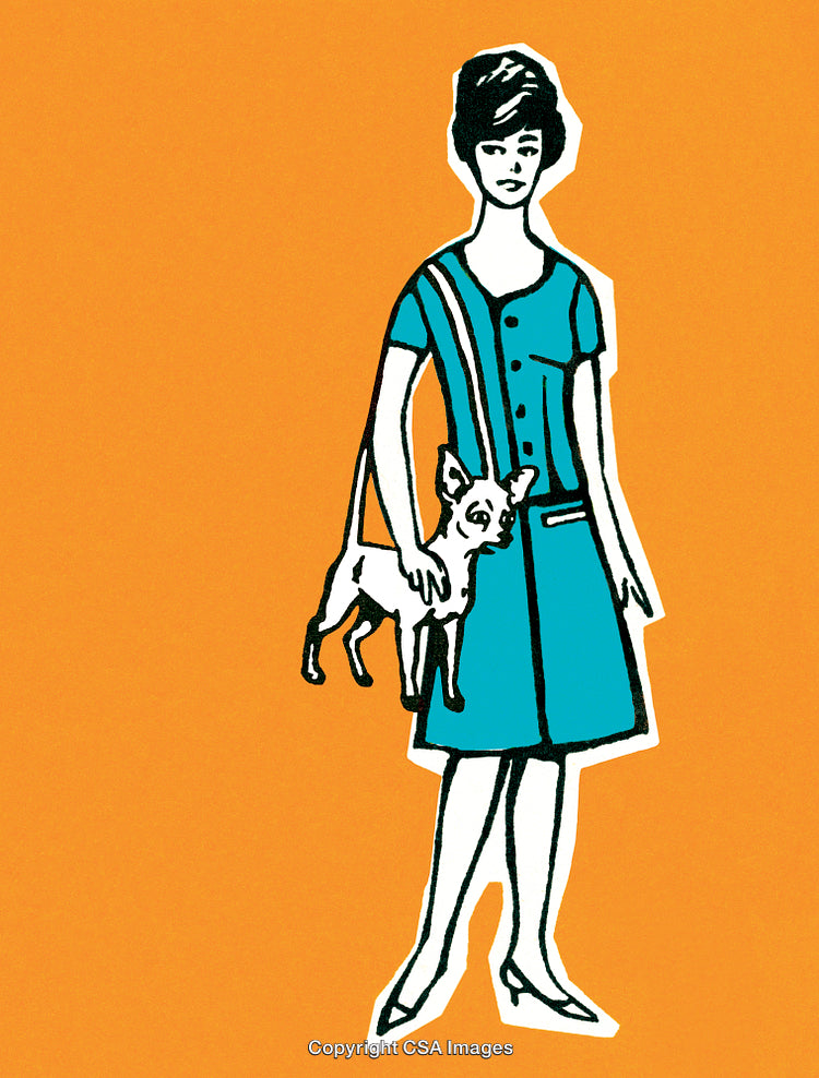 Colorful Illustration of Woman Holding Small Dog on Orange Background