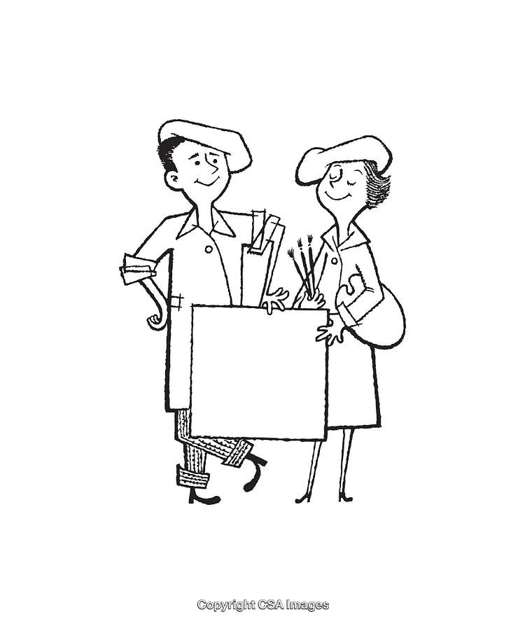 Black and White Illustration of Artists Holding Supplies and Canvas