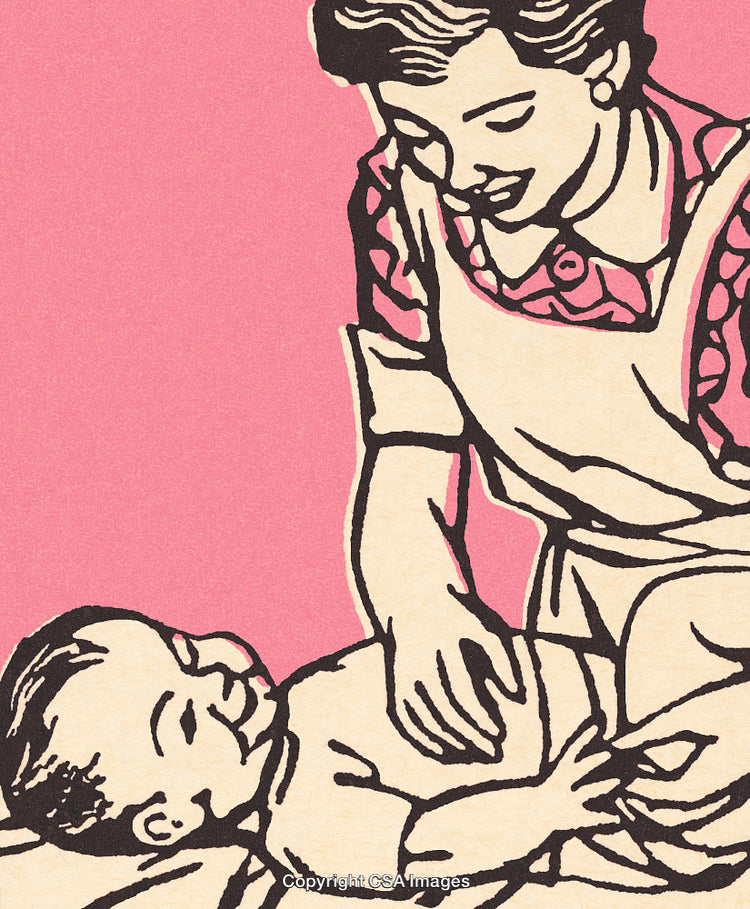 Vintage Illustration of Mother Changing Baby's Diaper on Pink Background