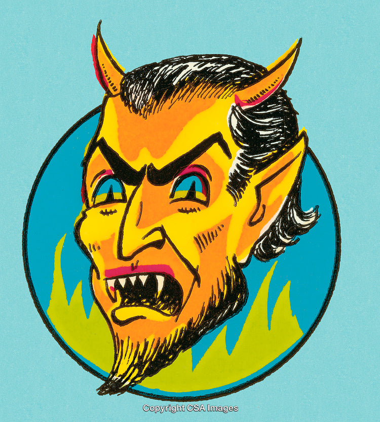 Retro Illustration of a Fiery Demon Face with Artistic Details