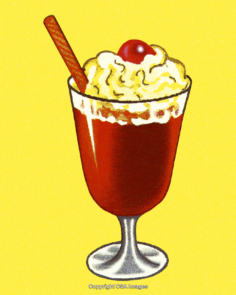 Retro Chocolate Sundae Glass with Whipped Cream and Cherry on Yellow Background