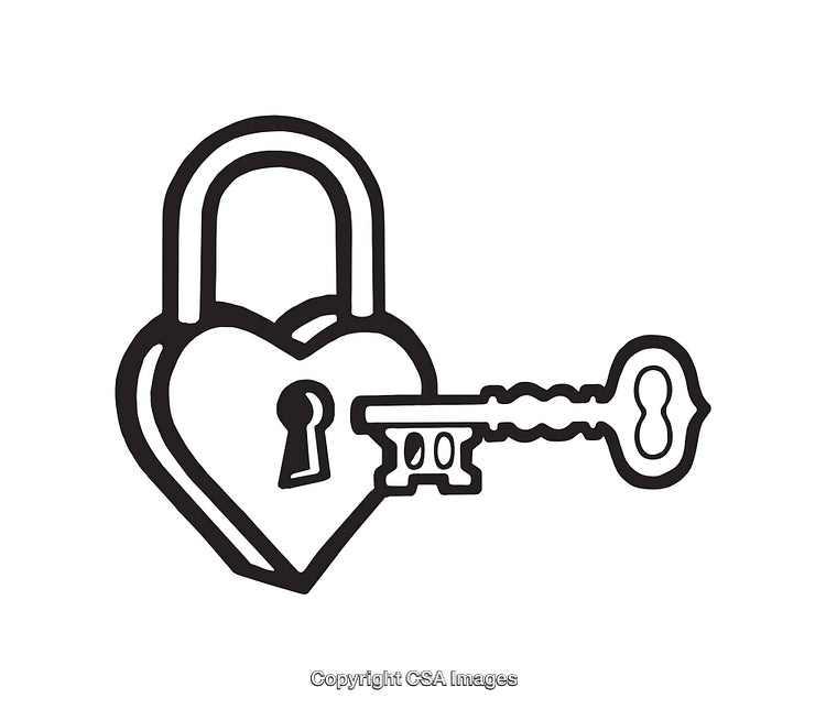 Heart Shaped Padlock with Key in Black and White Line Art