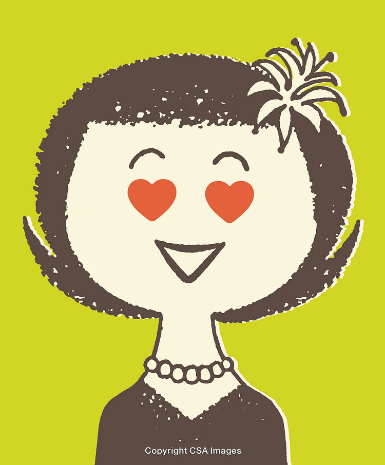 Colorful Illustration of a Smiling Woman with Heart Eyes on a Vibrant Background