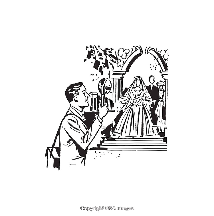 Photographer Capturing Bride and Groom in Black and White Illustration