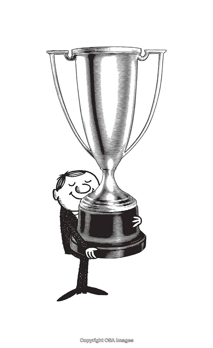 Black and White Line Art of Man Holding a Trophy in Joy