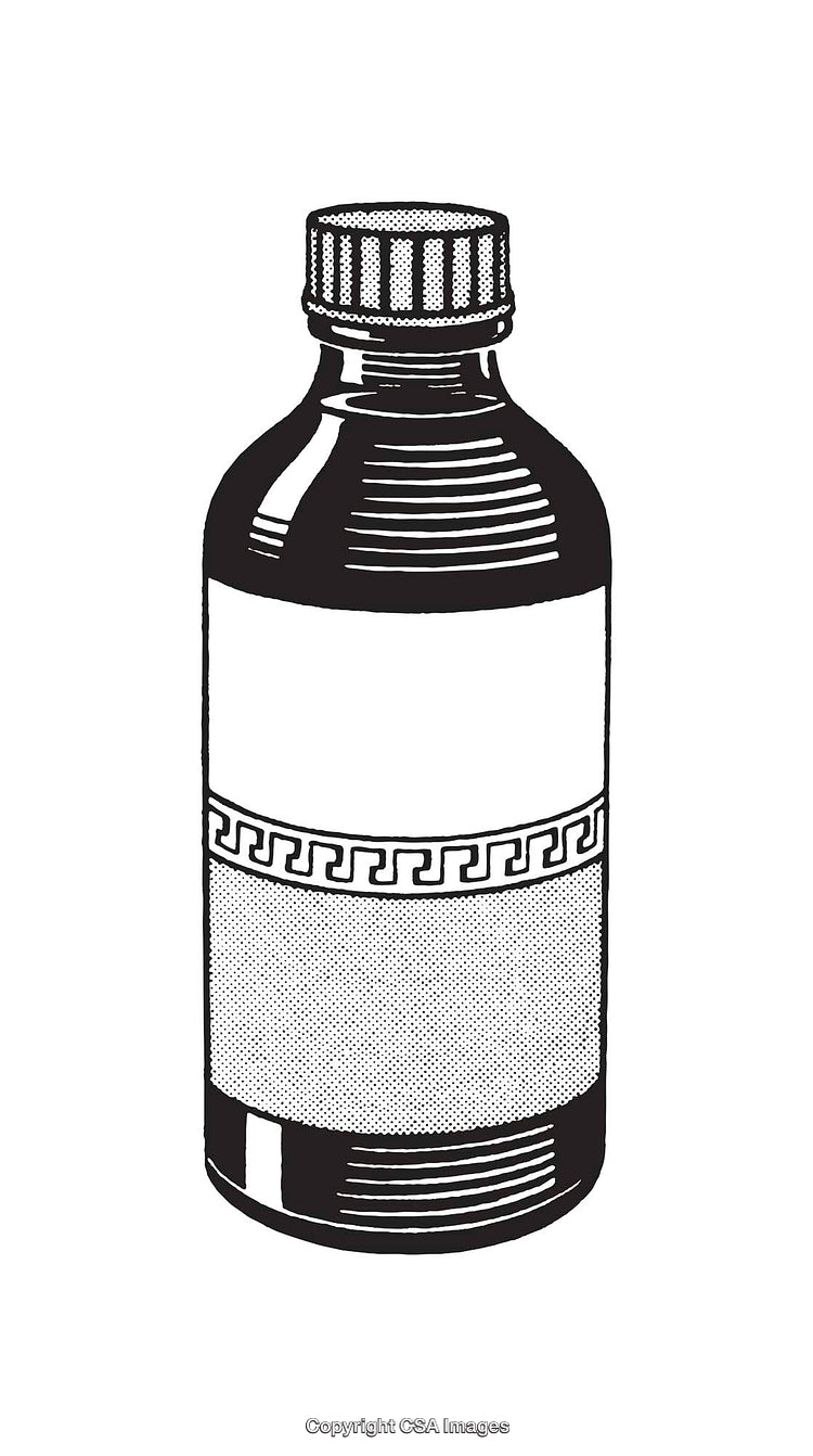 Black and White Illustration of a Medicine Bottle with Geometric Design