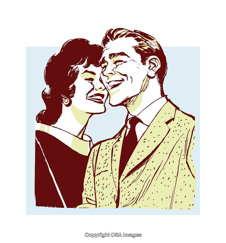 Romantic Retro Couple Smiling in Vintage-Style Illustration Art