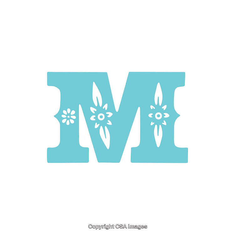 Decorative Letter M with Elegant Floral Patterns in Blue on White