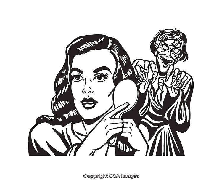 Black and White Line Art of Woman and Mysterious Figure in Background