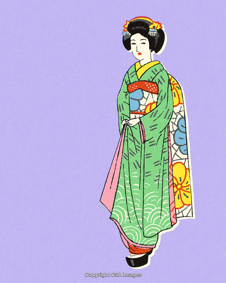 Traditional Japanese Art of a Woman in Vibrant Kimono Outfit