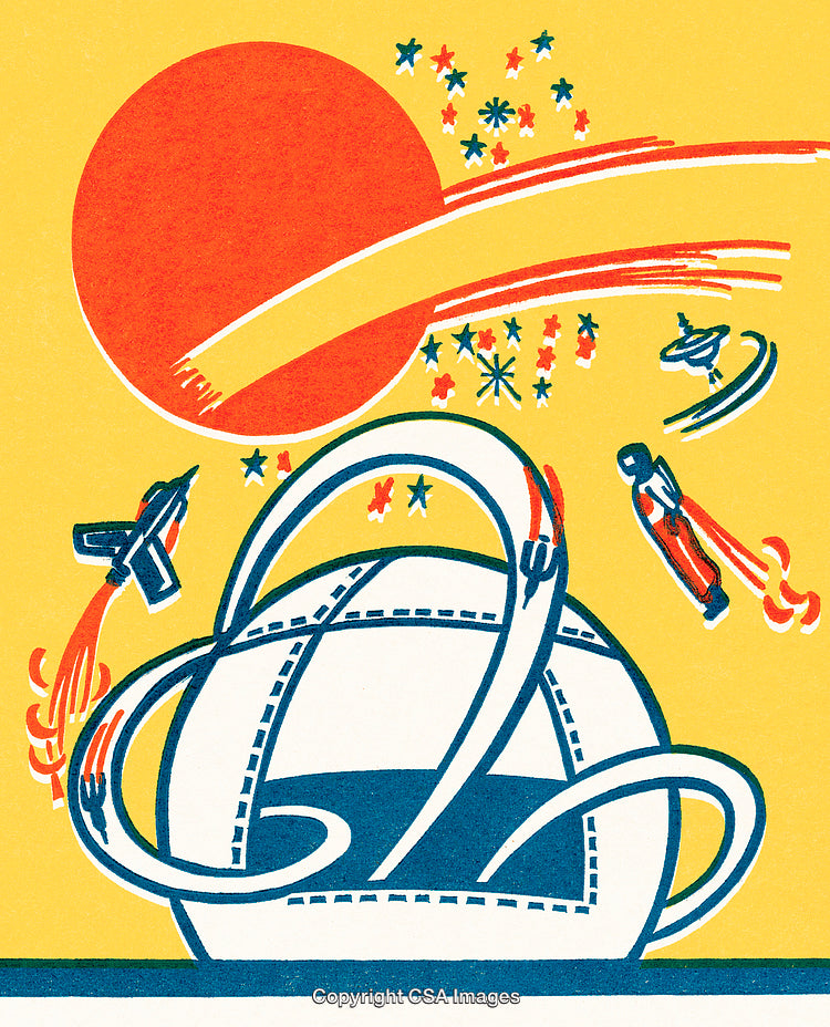 Vintage Futuristic Space Exploration Illustration with Bold Colors and Shapes