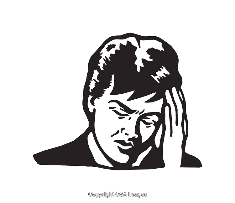 Black and White Line Art of a Pensive Person Holding Head
