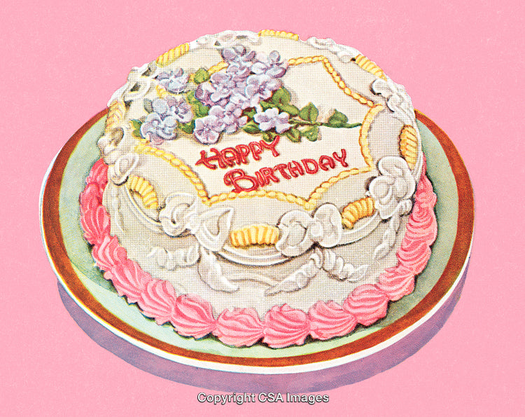 Elegant Birthday Cake with Floral Design and Pink Accents on a Plate
