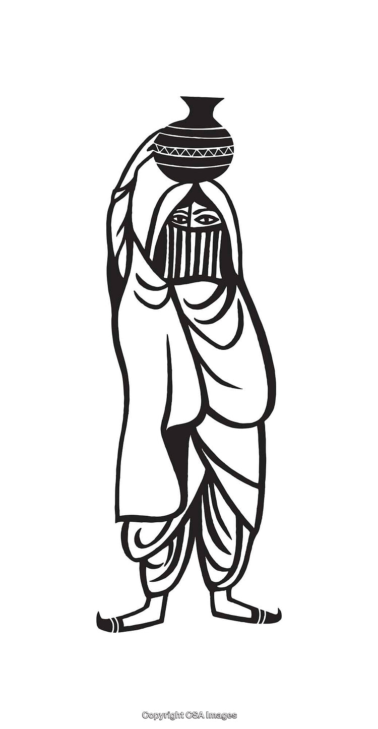 Black and White Line Art of a Veiled Figure Carrying a Traditional Pot
